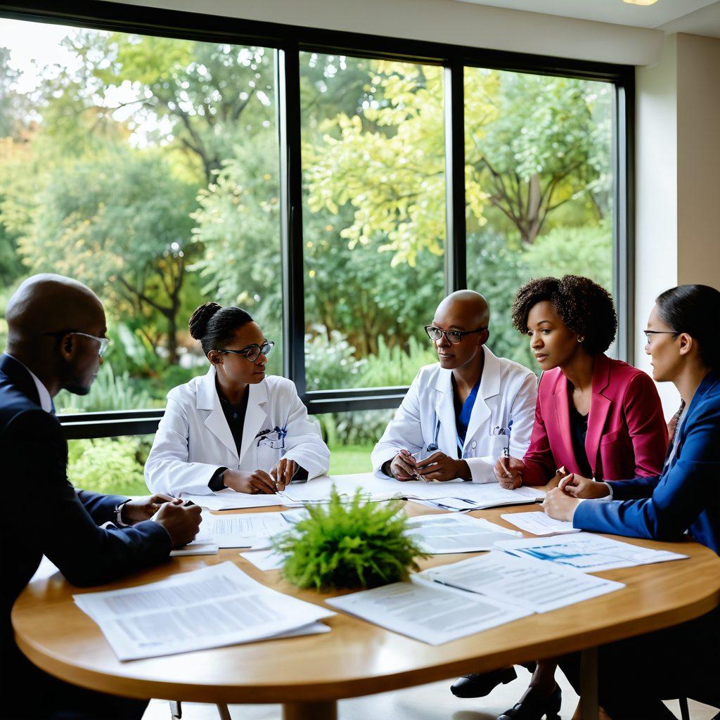 A diverse team of healthcare professionals engaging in discussion around a table filled with medical research papers, figures, and cancer care strategies. In the background, a large window showcases a peaceful garden symbolizing hope and wellness. Include contrasting elements of scientific innovation alongside supportive patient care, illustrating the journey from research to improved health outcomes. super-realistic. vibrant colors. soft focus.