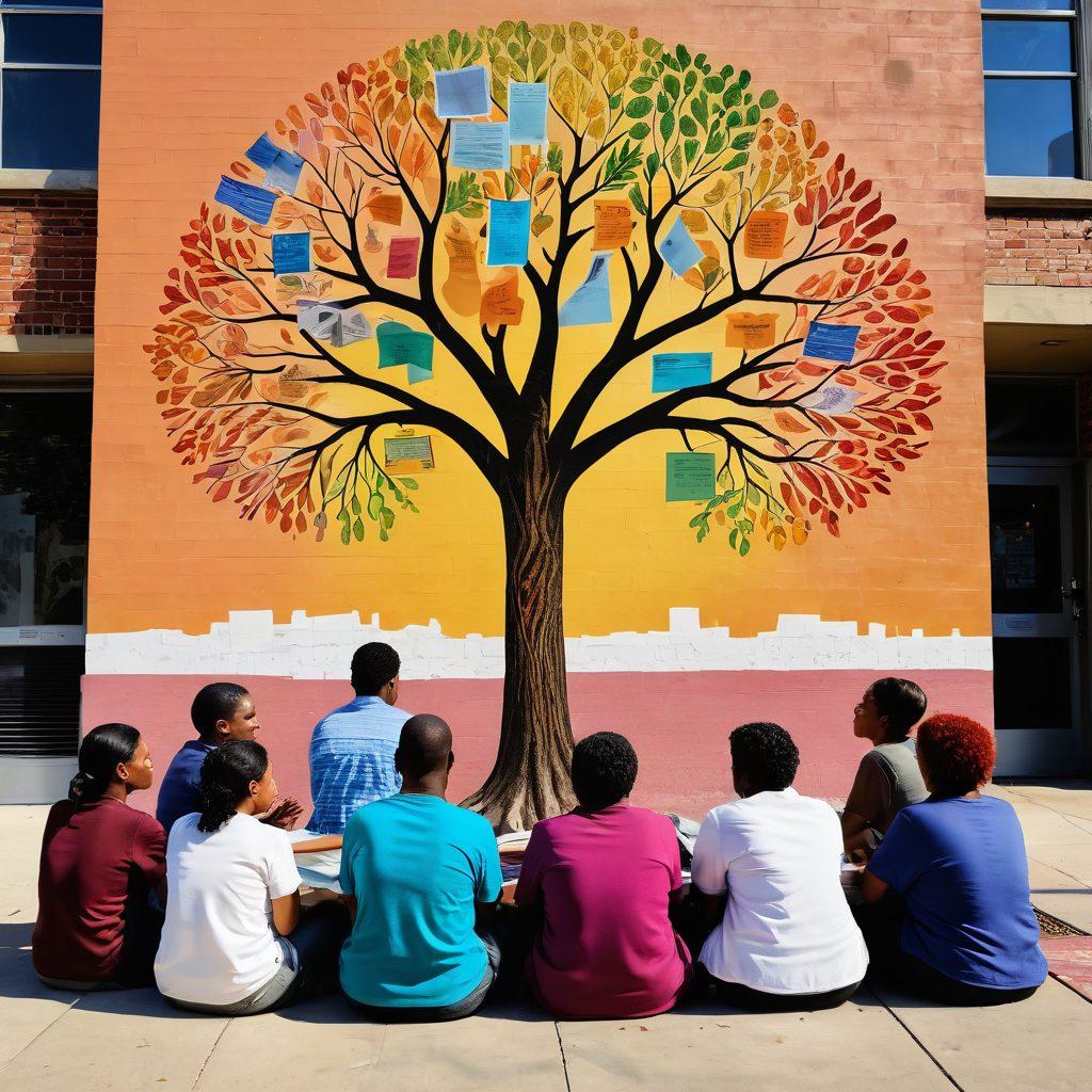 A warm and inviting scene depicting a diverse group of patients engaged in a supportive education session, surrounded by encouraging visuals like charts and books. Include elements symbolizing resilience, such as a sturdy tree growing through cracks in a sidewalk and hands reaching out for help. This colorful atmosphere should radiate hope and community, creating a sense of empowerment. vibrant colors. 3D. inspirational.
